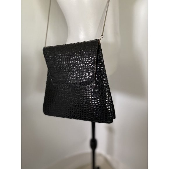 Vintage Costa Blanca Reptile Print Leather Clutch‎ Bag Black Crossbody Metal EUC - Picture 2 of 12